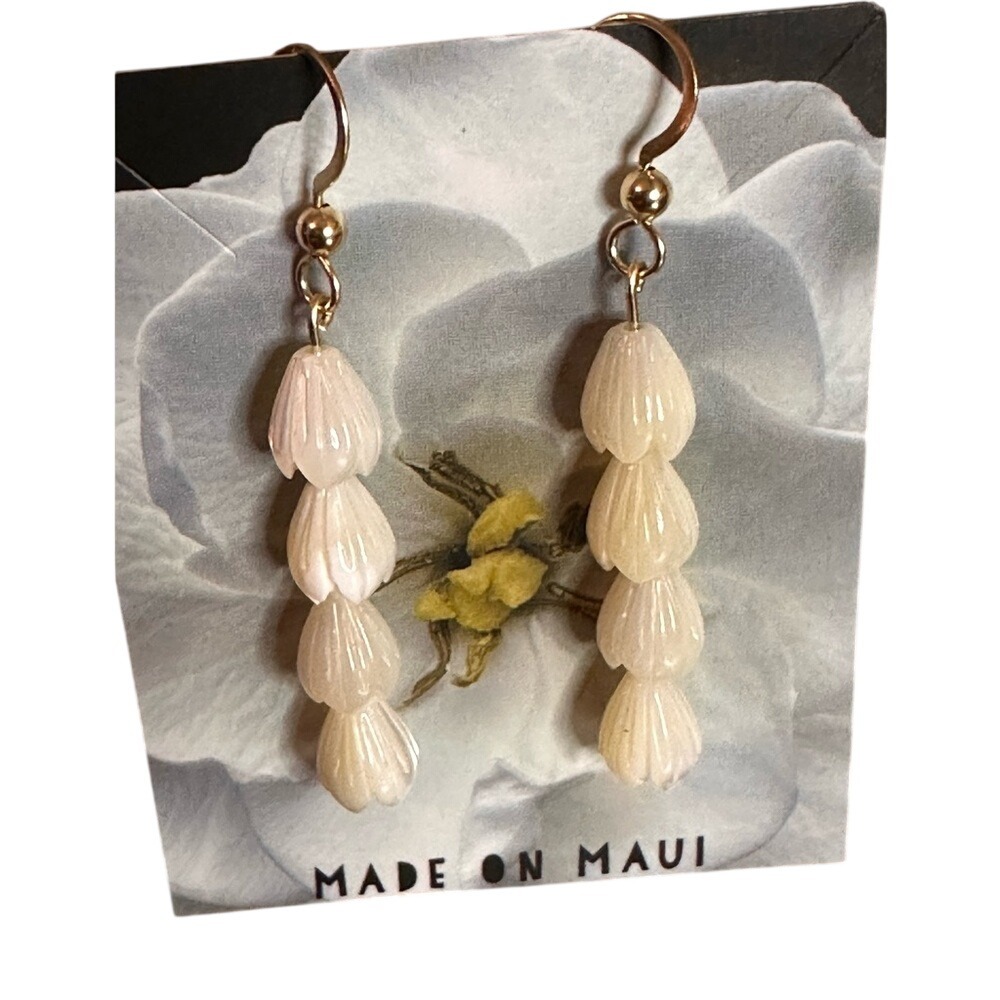 Pikake Mother of Pearl Shell Flower Dangle Earrings Gold-Filled Hook Handmade